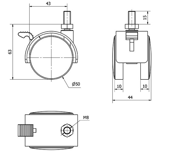R.GIR.ESPIGA ROSCADA M8x15 FRENO 420-050-71 NYLON NEGRO EJE LISO