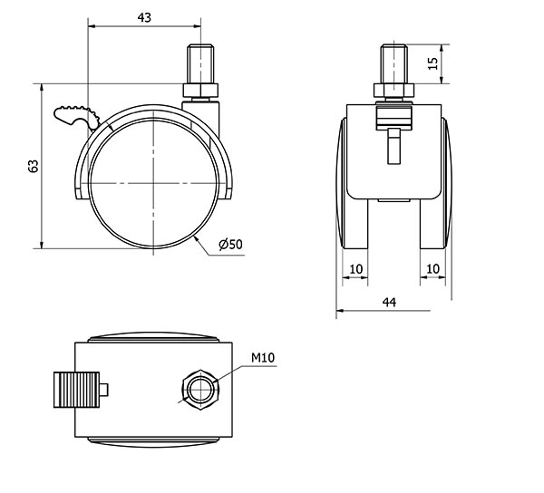 R.GIR.ESPIGA ROSCADA M10x15 FRENO 420-050-72 NYLON NEGRO EJE LISO