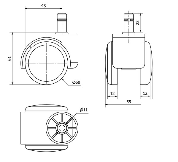 R.GIR.ESPIGA LISA M11x22 (SILLAS) 420-050-12 NYLON NEGRO EJE LISO