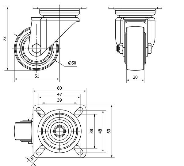 R.GIR.PLACA 400-050-1 CP POLIAMIDA NEGRA EJE LISO