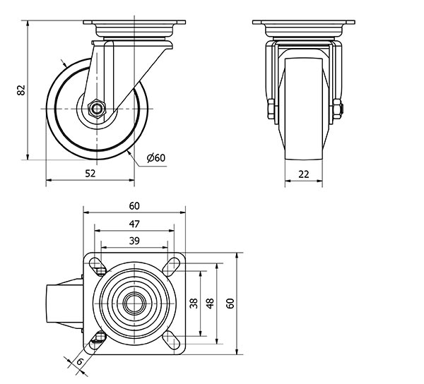 R.GIR.PLACA 400-060-1 CP POLIAMIDA NEGRA EJE LISO