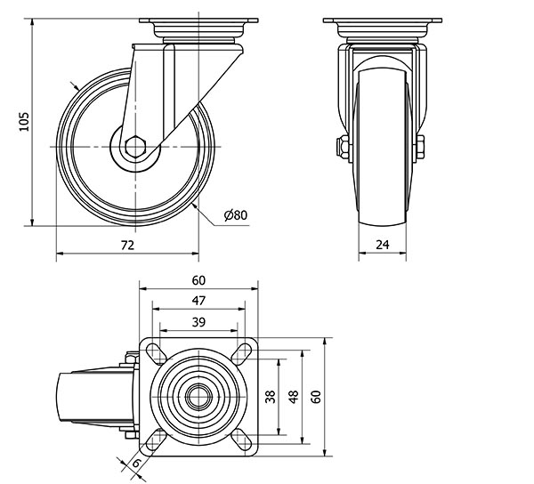 R.GIR.PLACA 400-080-1 CP POLIAMIDA NEGRA EJE LISO