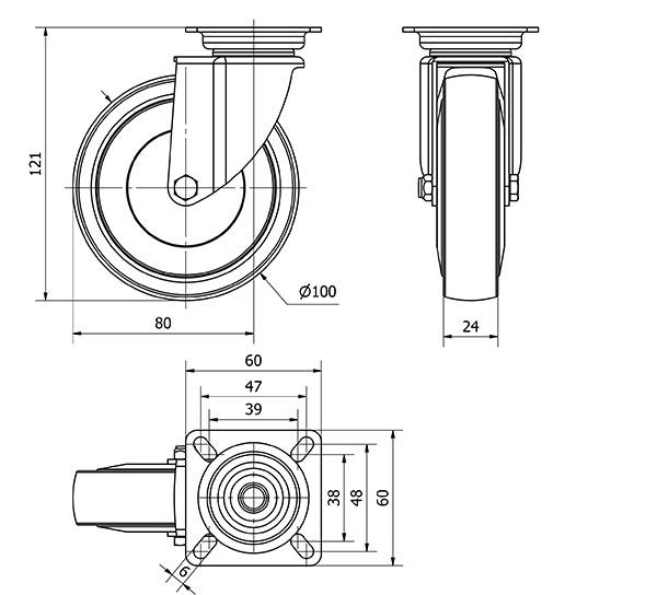R.GIR.PLACA 400-100-1 CP POLIAMIDA NEGRA EJE LISO