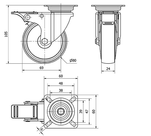 R.GIR.PLACA FRENO 400-080-3 CP POLIAMIDA NEGRA EJE LISO