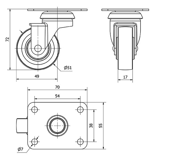 R.GIR.PLACA 601-050-1 POLIAMIX-GOMA GRIS EJE LISO
