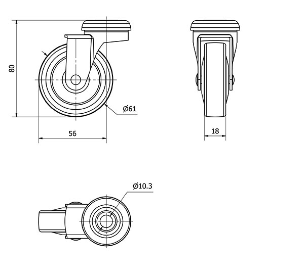R.GIR.AGUJERO M10 601-060-4 POLIAMIX-GOMA GRIS EJE LISO