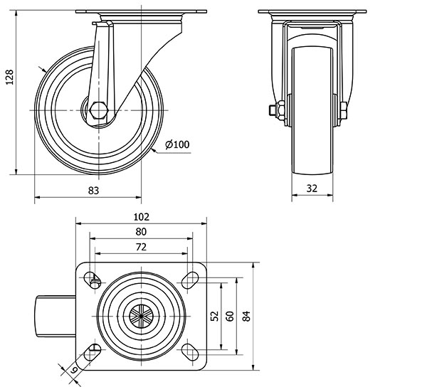 R.GIR.PLACA 124.1-100-1 POLIAMIX-GOMA GRIS EJE LISO