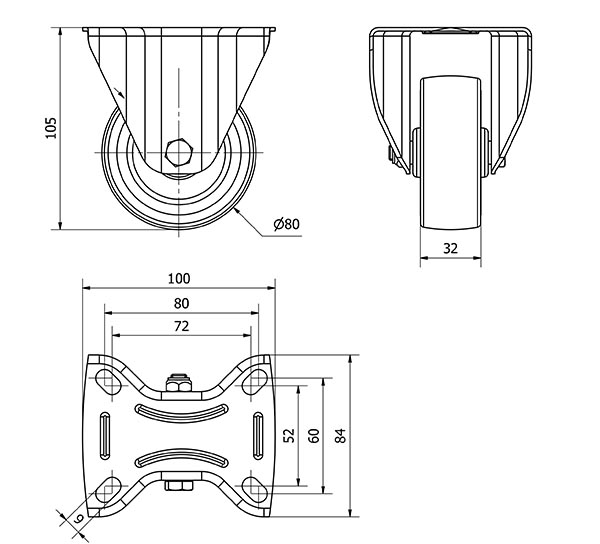 R.FIJA 124.1-080-2 POLIAMIX-GOMA GRIS EJE LISO