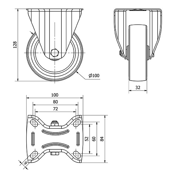 R.FIJA 124.1-100-2 POLIAMIX-GOMA GRIS EJE LISO