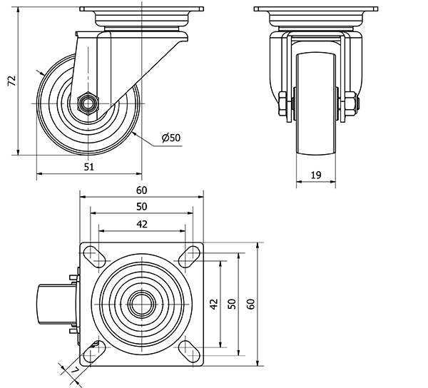 R.GIR.PLACA 401-050-1 POLIAMIX-GOMA GRIS EJE LISO