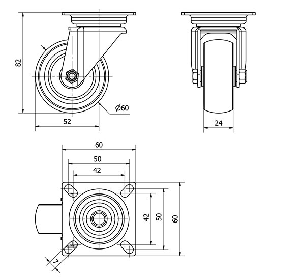 R.GIR.PLACA 401-060-1 POLIAMIX-GOMA GRIS EJE LISO