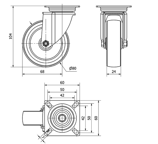 R.GIR.PLACA 401-080-1 POLIAMIX-GOMA GRIS EJE LISO