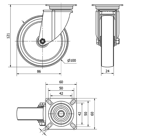 R.GIR.PLACA 401-100-1 POLIAMIX-GOMA GRIS EJE LISO