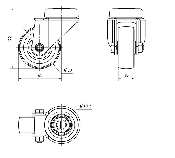 R.GIR.AGUJERO M10 401-050-4 POLIAMIX-GOMA GRIS EJE LISO