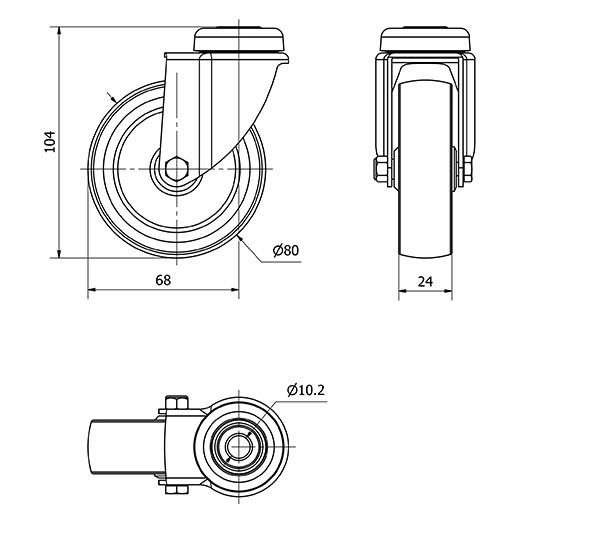 R.GIR.AGUJERO M10 401-080-4 POLIAMIX-GOMA GRIS EJE LISO