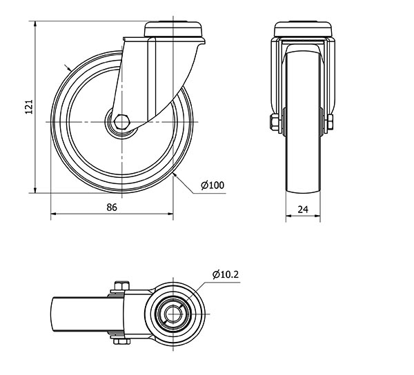 R.GIR.AGUJERO M10 401-100-4 POLIAMIX-GOMA GRIS EJE LISO