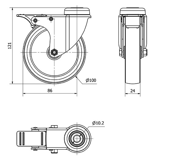 R.GIR.AGUJERO M10 FRENO 401-100-5 POLIAMIX-GOMA GRIS EJE LISO