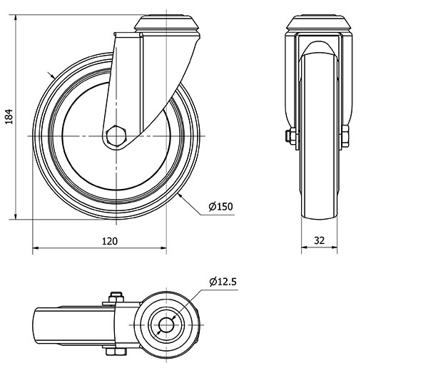 R.GIR.AGUJERO M12 300-150-4 CP POLIAMIX-GOMA GRIS EJE BOLAS