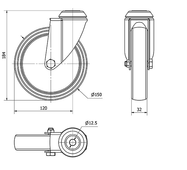 R.GIR.AGUJERO M12 301-150-4 POLIAMIX-GOMA GRIS EJE LISO