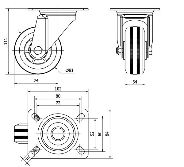 R.GIR.PLACA 123.1-080-1 POLIAMIX-GOMA NEGRA EJE LISO