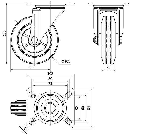 R.GIR.PLACA 123.1-100-1 POLIAMIX-GOMA NEGRA EJE LISO