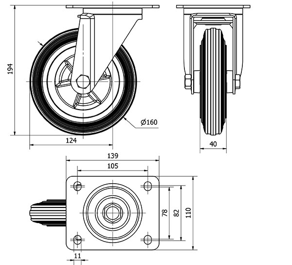 R.GIR.PLACA 123.1-160-1 POLIAMIX-GOMA NEGRA EJE LISO