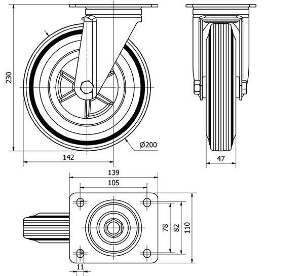 R.GIR.PLACA 123.1-200-1 POLIAMIX-GOMA NEGRA EJE LISO