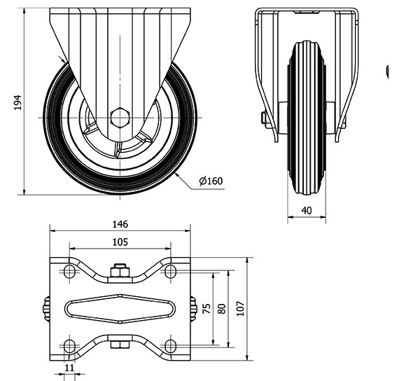 R.FIJA 123.1-160-2 POLIAMIX-GOMA NEGRA EJE LISO