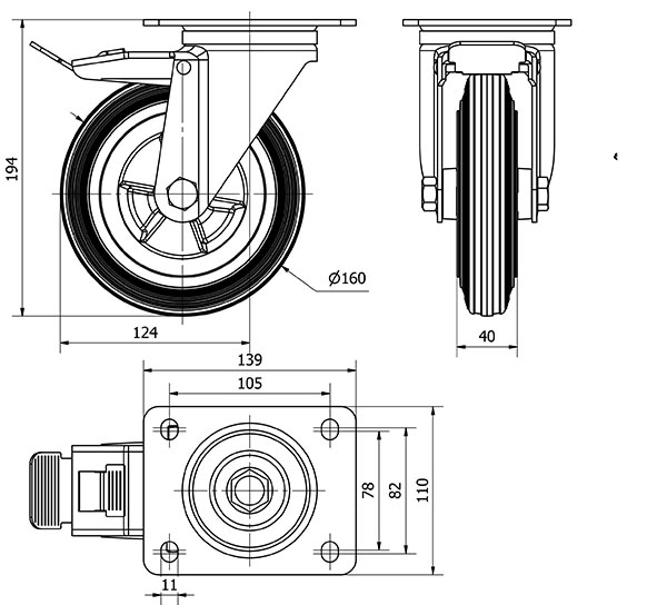 R.GIR.PLACA FRENO 123.1-160-3 POLIAMIX-GOMA NEGRA EJE LISO