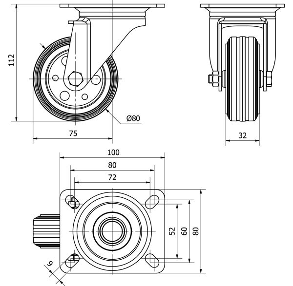 R.GIR.PLACA 125-080-1 METALICO-GOMA NEGRA EJE RODILLOS