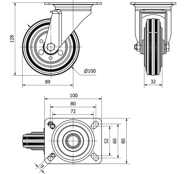 R.GIR.PLACA 125-100-1 METALICO-GOMA NEGRA EJE RODILLOS