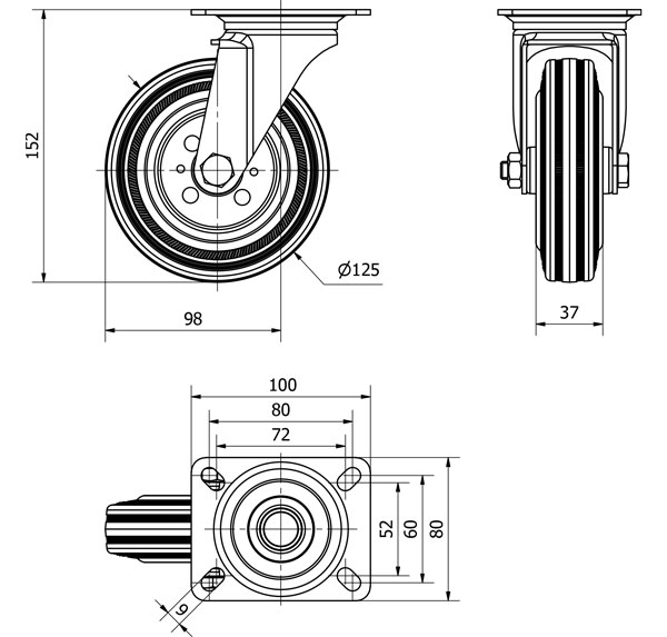 R.GIR.PLACA 125-125-1 METALICO-GOMA NEGRA EJE RODILLOS