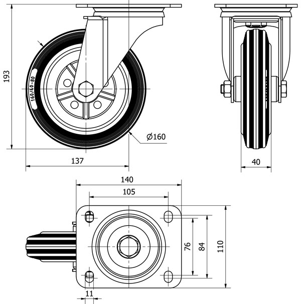 R.GIR.PLACA 125-160-1 METALICO-GOMA NEGRA EJE RODILLOS