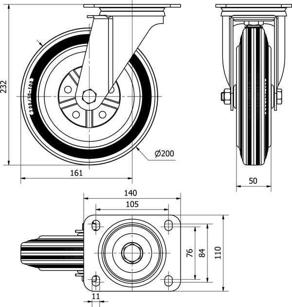R.GIR.PLACA 125-200-1 METALICO-GOMA NEGRA EJE RODILLOS