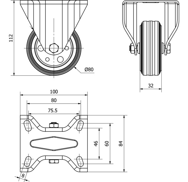 R.FIJA 125-080-2 METALICO-GOMA NEGRA EJE RODILLOS