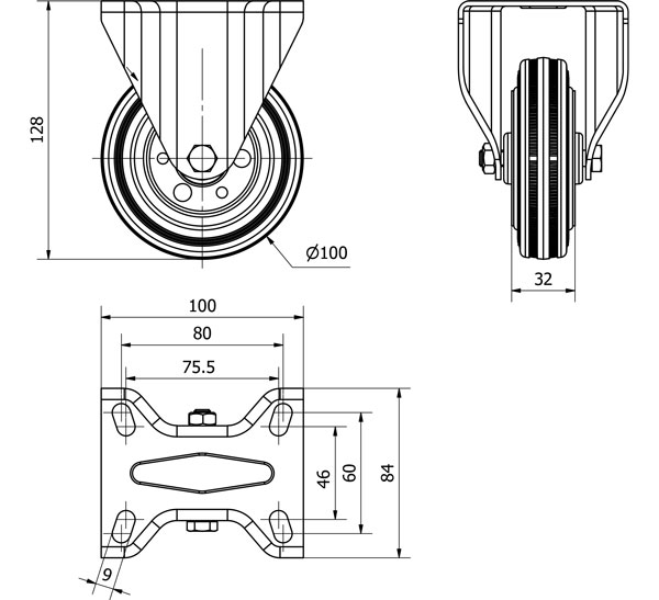 R.FIJA 125-100-2 METALICO-GOMA NEGRA EJE RODILLOS