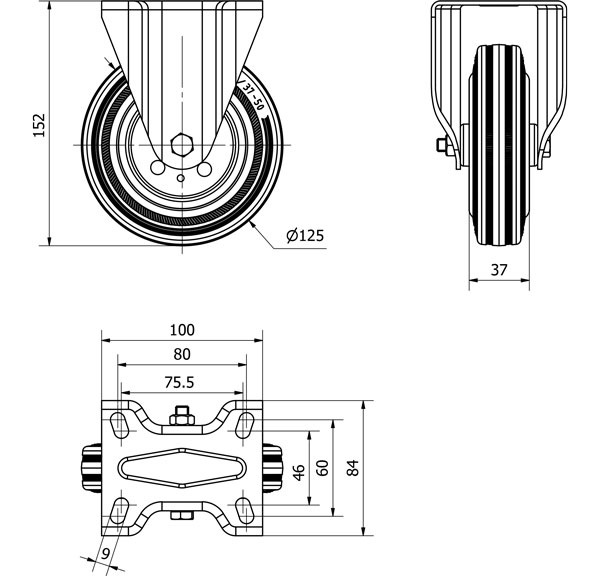R.FIJA 125-125-2 METALICO-GOMA NEGRA EJE RODILLOS