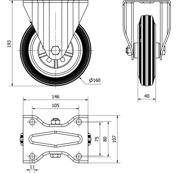 R.FIJA 125-160-2 METALICO-GOMA NEGRA EJE RODILLOS
