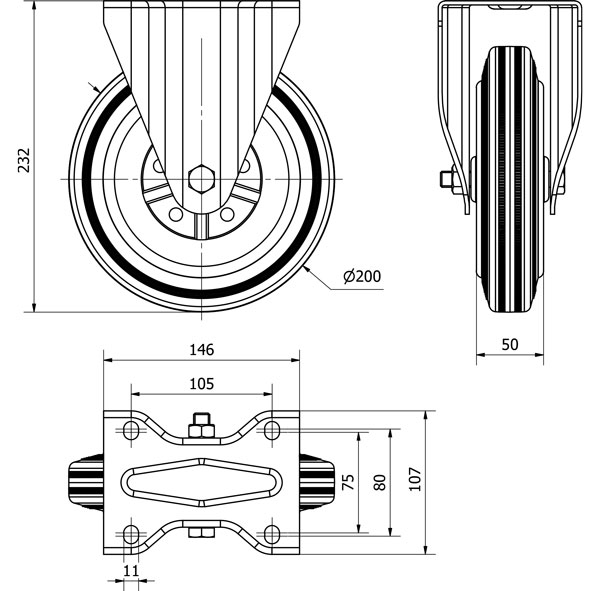 R.FIJA 125-200-2 METALICO-GOMA NEGRA EJE RODILLOS