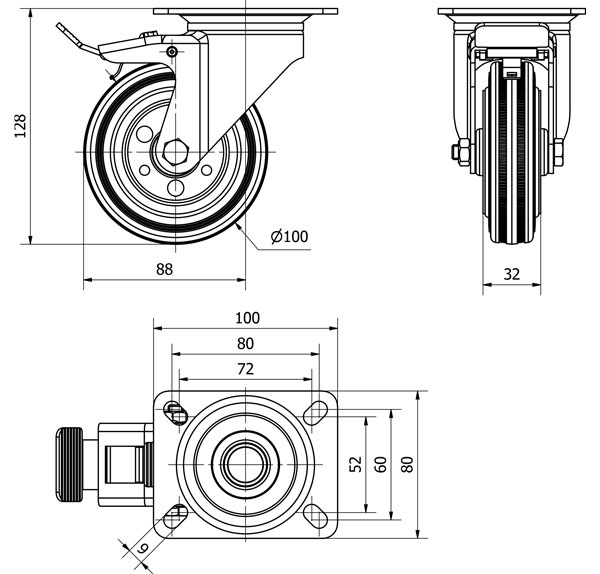 R.GIR.PLACA FRENO 125-100-3 METALICO-GOMA NEGRA EJE RODILLOS