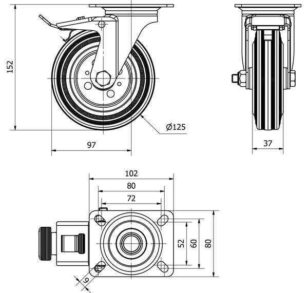 R.GIR.PLACA FRENO 125-125-3 METALICO-GOMA NEGRA EJE RODILLOS