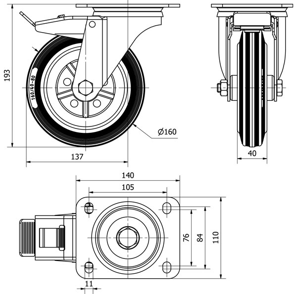 R.GIR.PLACA FRENO 125-160-3 METALICO-GOMA NEGRA EJE RODILLOS