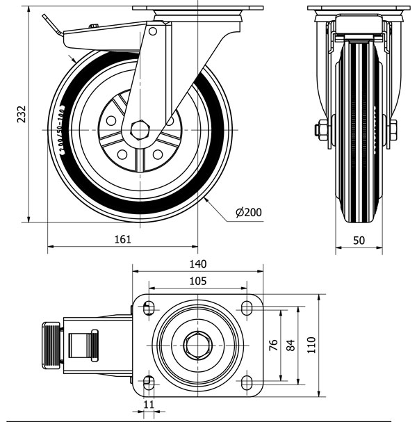 R.GIR.PLACA FRENO 125-200-3 METALICO-GOMA NEGRA EJE RODILLOS