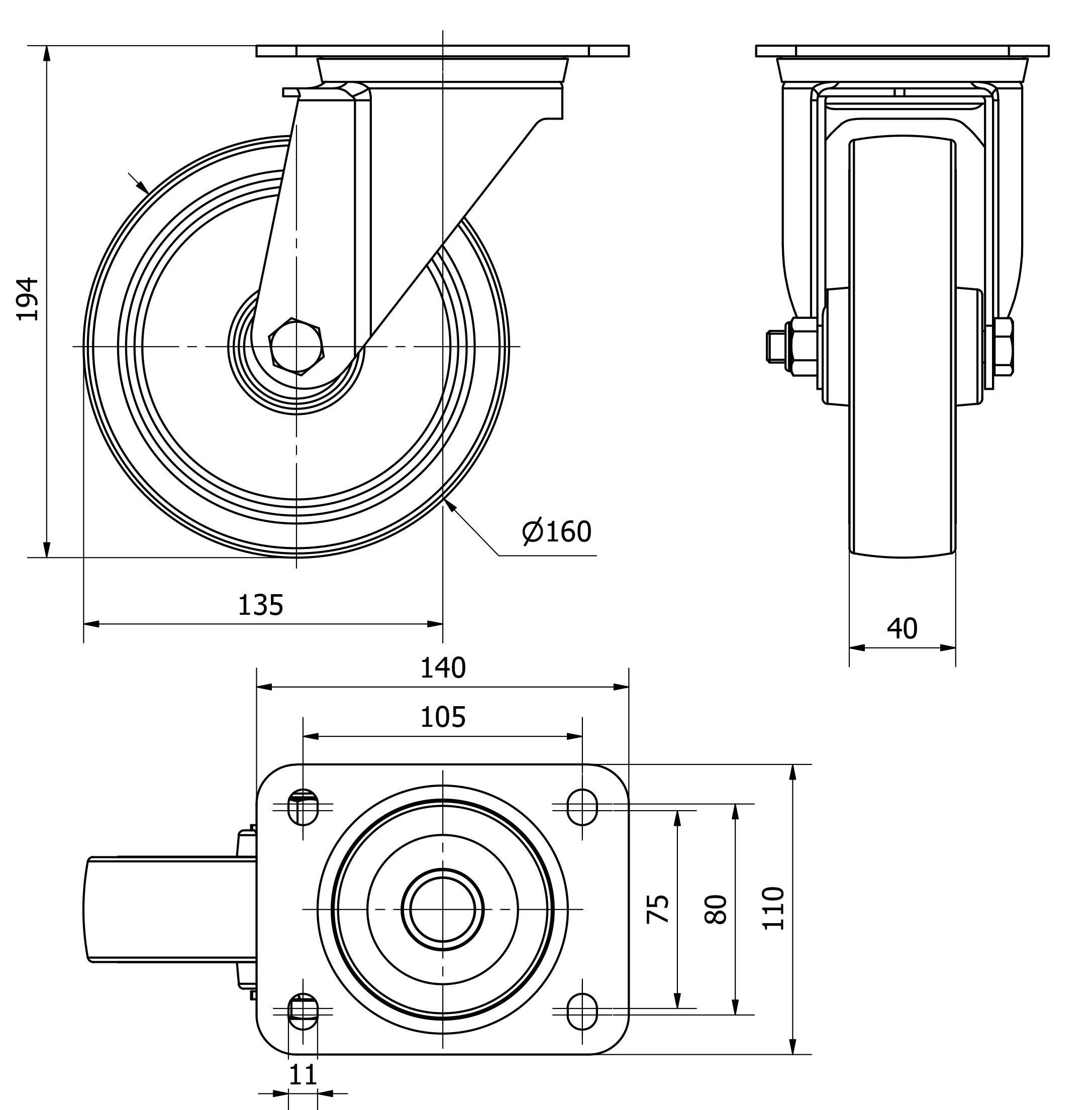R.GIR.PLACA 124.1-160-1 POLIAMIX-GOMA GRIS EJE LISO