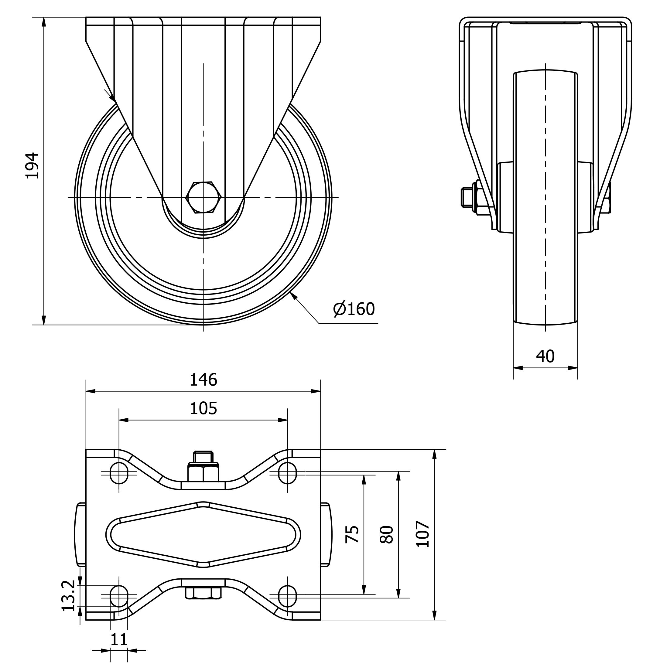R.FIJA 124.1-160-2 POLIAMIX-GOMA GRIS EJE LISO