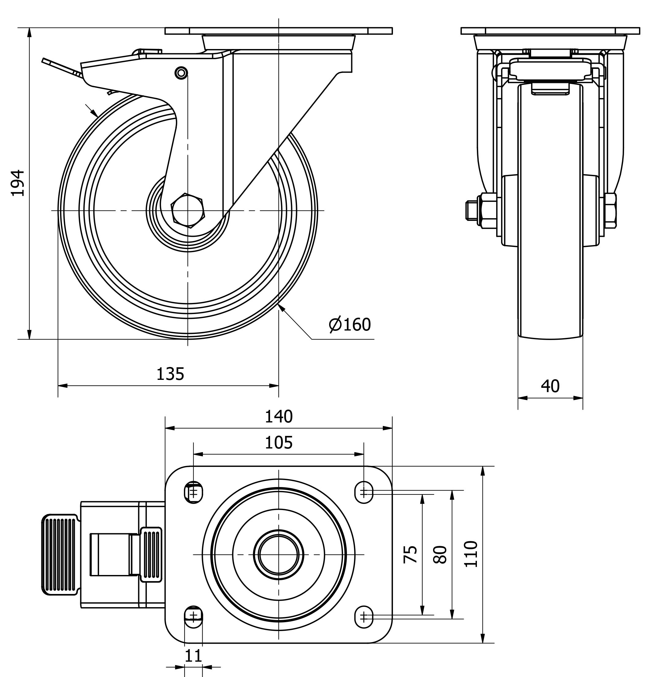 R.GIR.PLACA FRENO 124.1-160-3 POLIAMIX-GOMA GRIS EJE LISO
