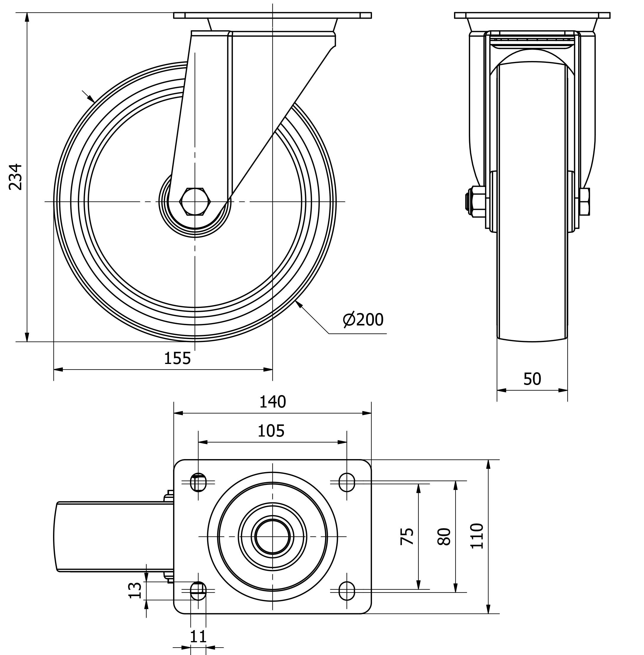 R.GIR.PLACA 124.1-200-1 POLIAMIX-GOMA GRIS EJE LISO