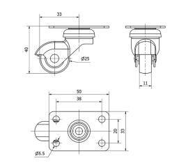 R.GIR.PLACA 10HSR25-BP PLASTICO GRIS EJE LISO