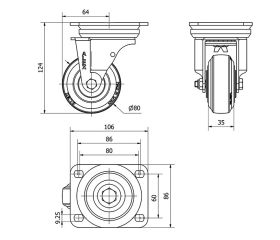R.GIR.PLACA 10TV80-TPGN NYLON NEGRO-GOMA NEGRA EJE LISO