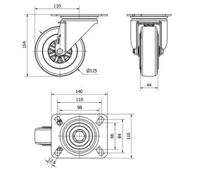 R.GIR.PLACA 10TVC125-TPGN NYLON NEGRO-GOMA NEGRA EJE LISO